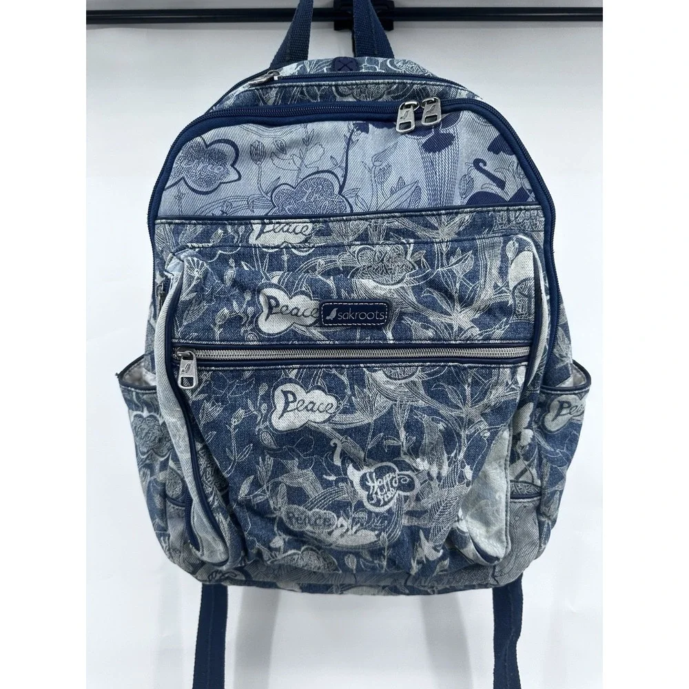 Sakroots Denim Color Block Women's Peace Backpack Multi Pocket Adj Strap Floral